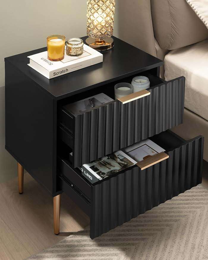 SICOTAS Black Night Stand Set 2, Fluted Glossy Nightstand with 2 Drawers, Wide Modern Storage Bedside Table for Bedroom, End Side Table with Golden Metal Legs and Handles (Black, 2 Pieces) - Image 9