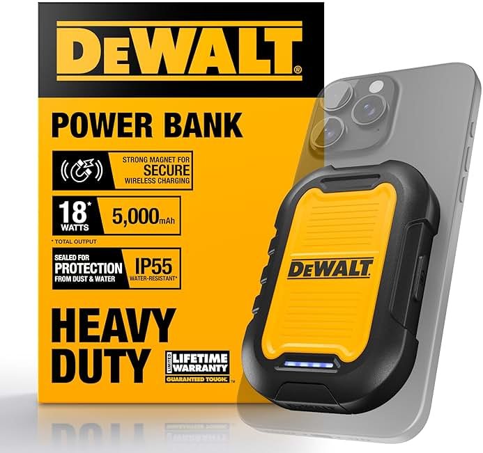 DEWALT Heavy Duty Magnetic Power Bank 5,000mAh, Rugged Wireless Portable Charger 18W Fast Charging Battery Pack, USB-C to C w/USB Adapter Cable 4' Water Resistant Works w/Magsafe iPhone 17/16/15/14 - Product Image