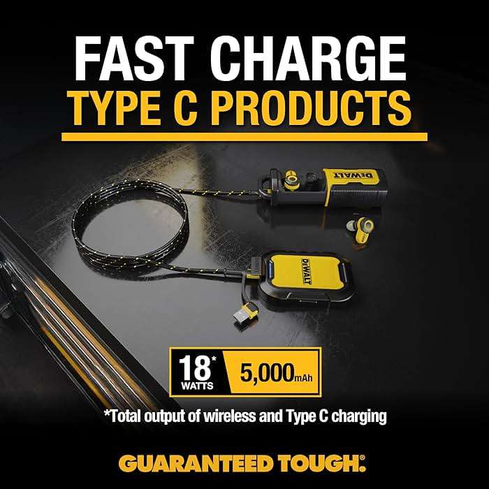 DEWALT Heavy Duty Magnetic Power Bank 5,000mAh, Rugged Wireless Portable Charger 18W Fast Charging Battery Pack, USB-C to C w/USB Adapter Cable 4' Water Resistant Works w/Magsafe iPhone 17/16/15/14 - Image 7