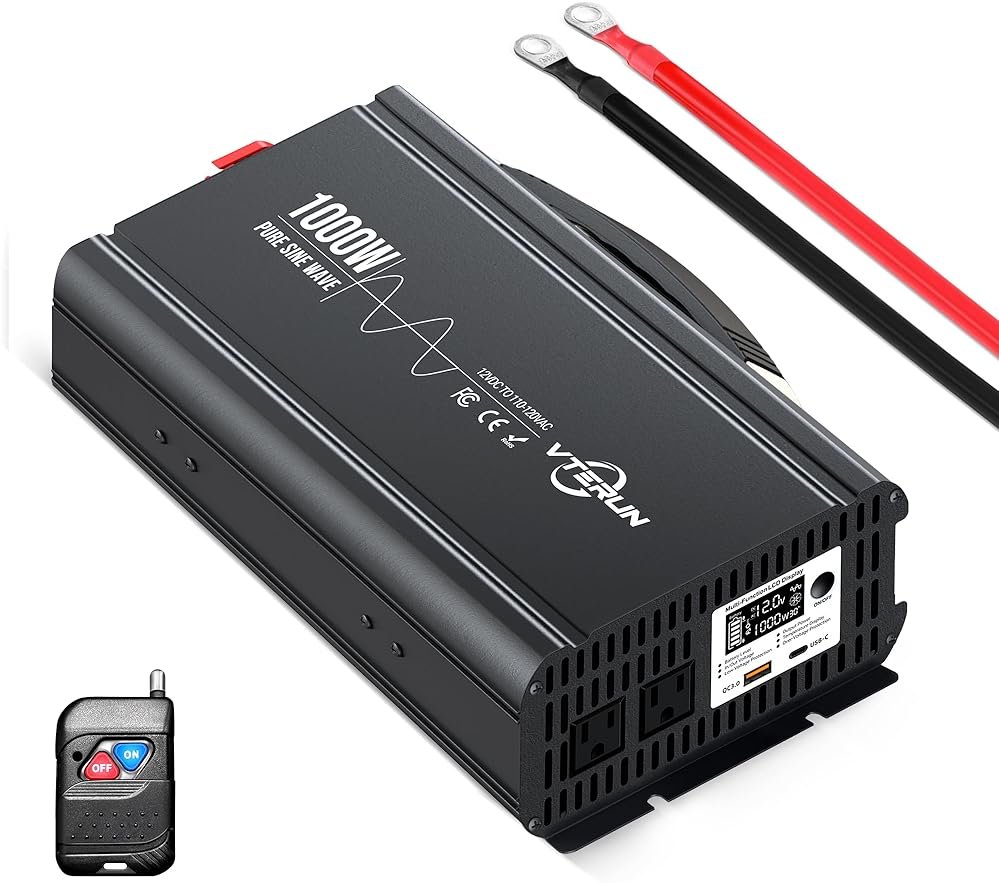Vterun 1000W Pure Sine Wave Inverter 12V DC to 110-120V AC Efficient Energy Converter for Home, RV Use with Wireless Remote Control with USB C Ports - Product Image