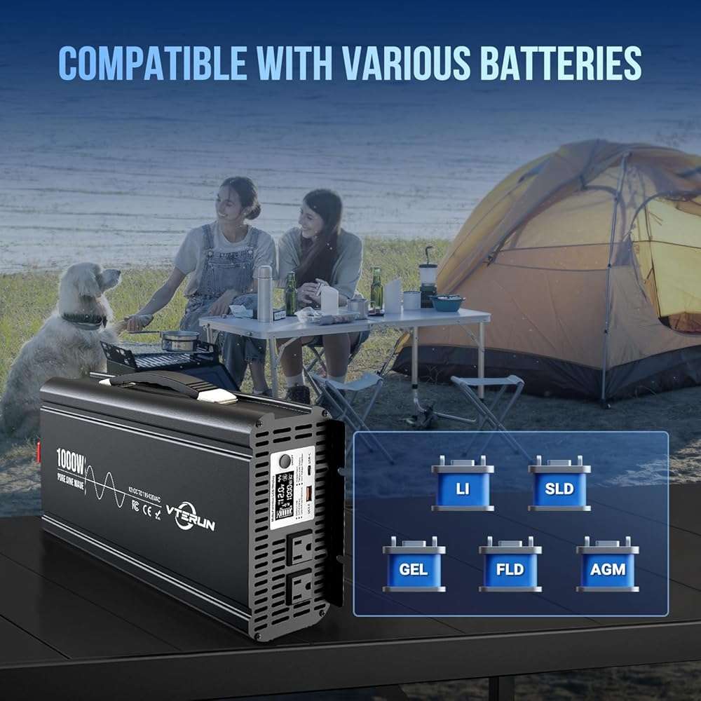 Vterun 1000W Pure Sine Wave Inverter 12V DC to 110-120V AC Efficient Energy Converter for Home, RV Use with Wireless Remote Control with USB C Ports - Image 3