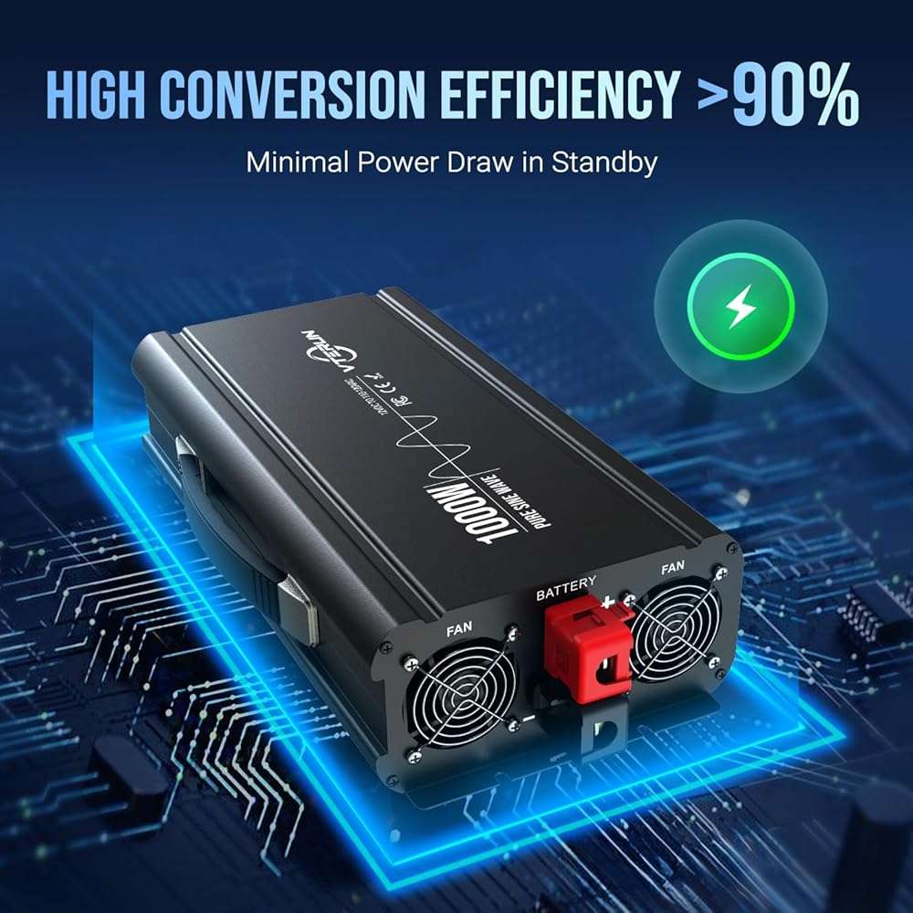 Vterun 1000W Pure Sine Wave Inverter 12V DC to 110-120V AC Efficient Energy Converter for Home, RV Use with Wireless Remote Control with USB C Ports - Image 4