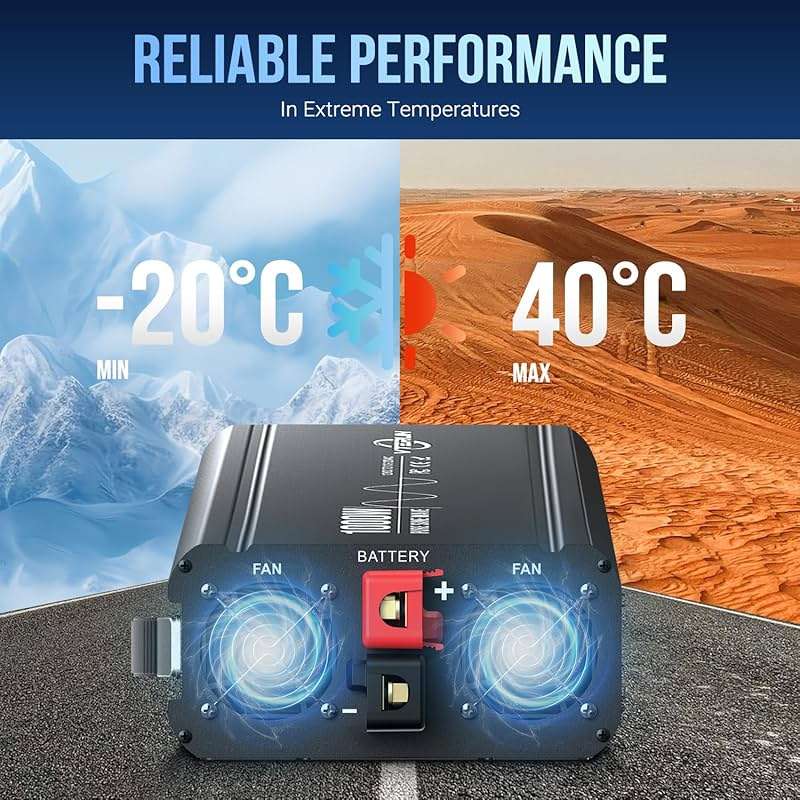 Vterun 1000W Pure Sine Wave Inverter 12V DC to 110-120V AC Efficient Energy Converter for Home, RV Use with Wireless Remote Control with USB C Ports - Image 6
