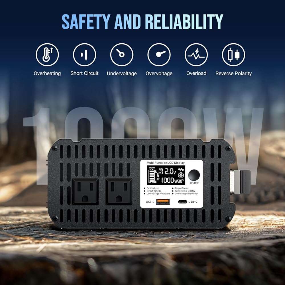 Vterun 1000W Pure Sine Wave Inverter 12V DC to 110-120V AC Efficient Energy Converter for Home, RV Use with Wireless Remote Control with USB C Ports - Image 7