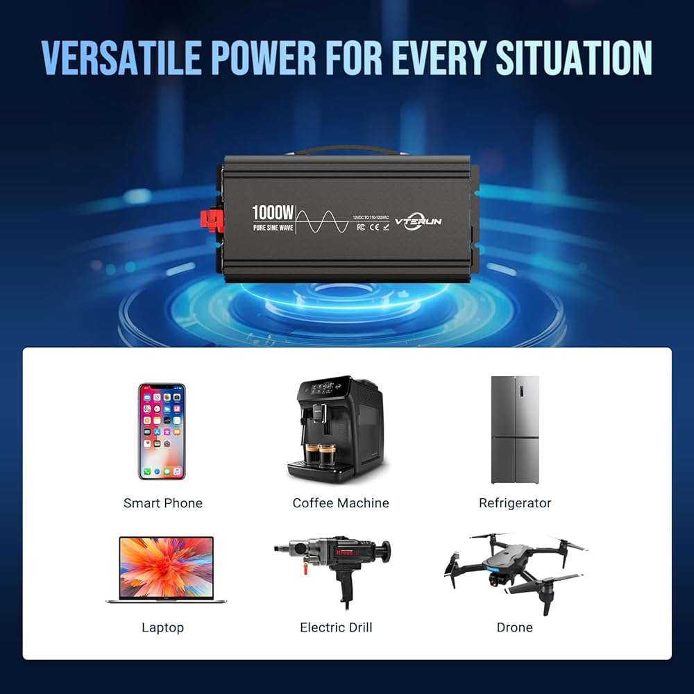 Vterun 1000W Pure Sine Wave Inverter 12V DC to 110-120V AC Efficient Energy Converter for Home, RV Use with Wireless Remote Control with USB C Ports - Image 8