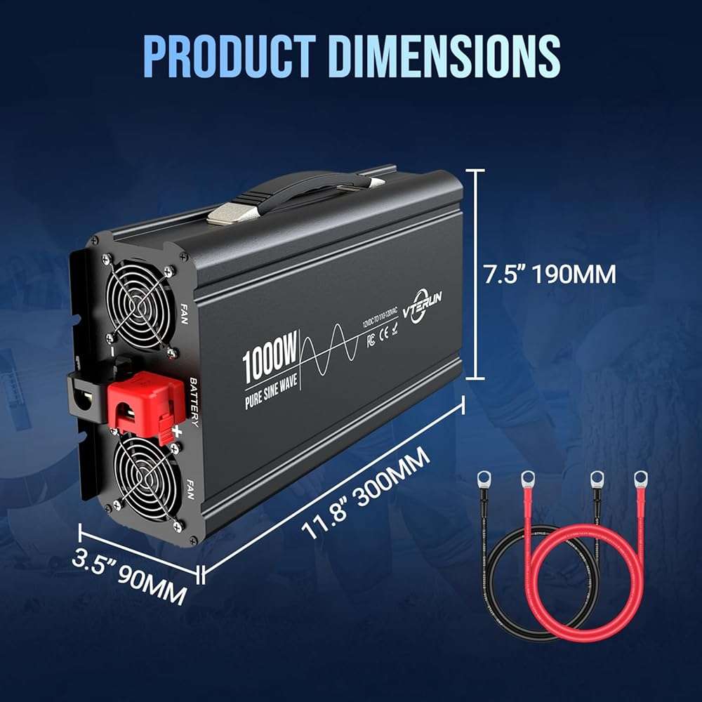 Vterun 1000W Pure Sine Wave Inverter 12V DC to 110-120V AC Efficient Energy Converter for Home, RV Use with Wireless Remote Control with USB C Ports - Image 9
