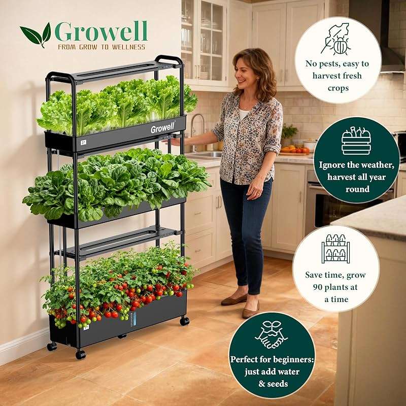 Growell 90-Pod Hydroponics Growing System, Large Vertical Hydroponic Garden with Smart Full-Spectrum Grow Lights, Auto Circulating Water, Mobile Indoor Gardening System for Herbs, Vegetables & Fruits - Image 3