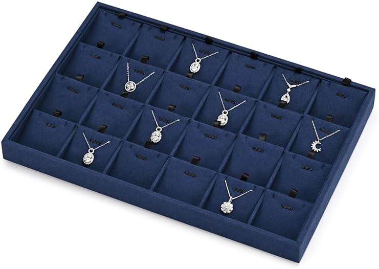 Papten 24 Grids Microfiber Necklace Tray Jewelry Display Tray Necklace Holder Display Trays for Drawers With Removable Jewelery Cards Necklace Pendant Bracelet Storage Tray (Blue) - Image 6