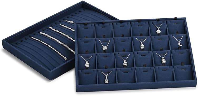 Papten 24 Grids Microfiber Necklace Tray Jewelry Display Tray Necklace Holder Display Trays for Drawers With Removable Jewelery Cards Necklace Pendant Bracelet Storage Tray (Blue) - Image 9