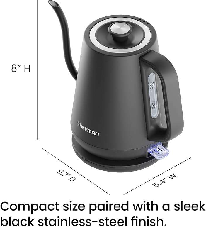 Chefman Gooseneck Electric Kettle, 0.8L Pour Over Tea Kettle for Coffee and Tea, One-Touch Operation, Boil-Dry Protection, Auto Shut-Off, Ultra-Fast Hot Water Boiler – Black - Image 3