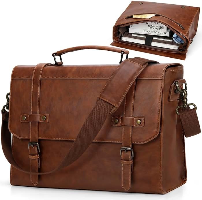 RAINSMORE Mens Messenger Bag 17 Inch Waterproof Vintage Leather Laptop Briefcase Large Laptop Bag Satchel Bag Computer Shoulder Bag for Office Business Travel College,Brown - Product Image