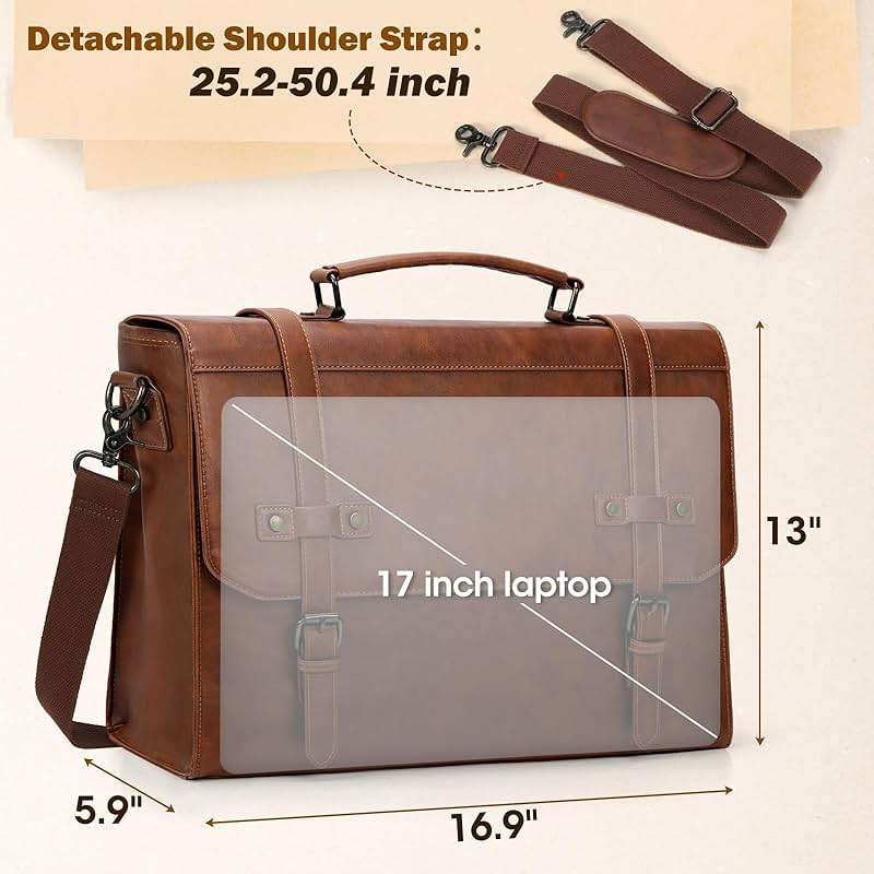 RAINSMORE Mens Messenger Bag 17 Inch Waterproof Vintage Leather Laptop Briefcase Large Laptop Bag Satchel Bag Computer Shoulder Bag for Office Business Travel College,Brown - Image 2