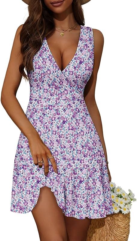 FENSACE Women's Summer Sleeveless Sexy Wrap V Neck Floral Sundress Mini Dress - Product Image