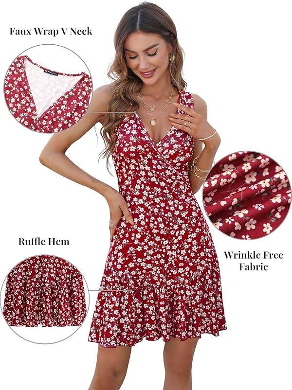 FENSACE Women's Summer Sleeveless Sexy Wrap V Neck Floral Sundress Mini Dress - Image 5