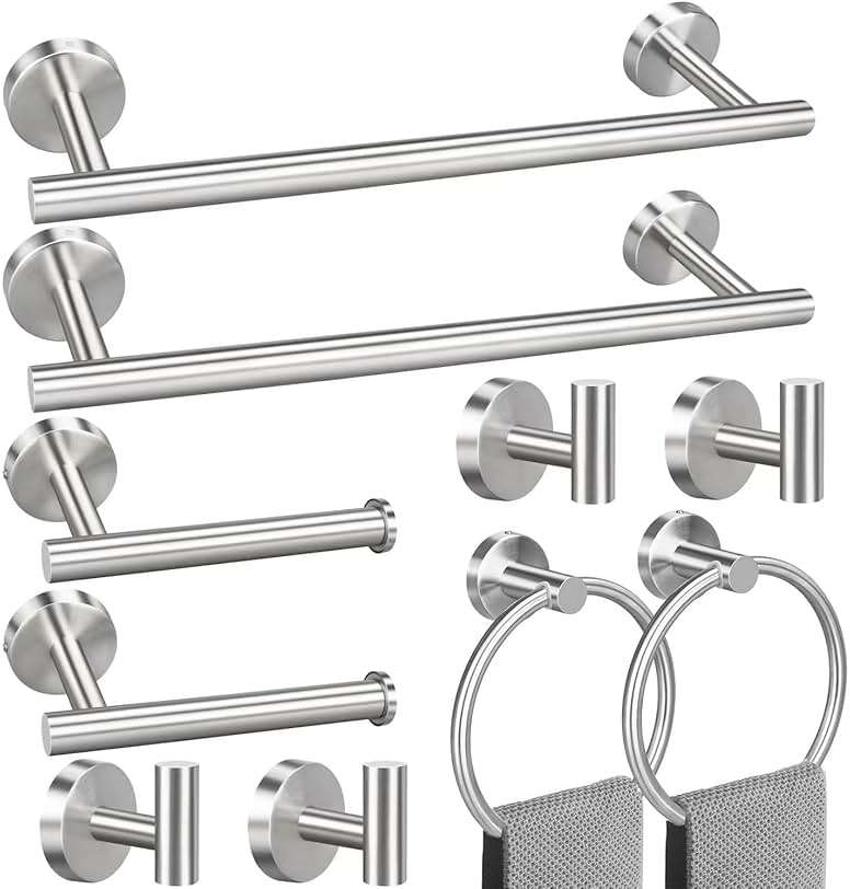 Toptowel 23.6inch 10 Sets Bathroom Towel Rack Set Brushed Nickel, Includes 2PCS 23.6Inch Towel Bar, 2PCS Towel Ring, 2PCS Toilet Holder and 4PCS Towel Hooks-Brushed Nickel - Image 1