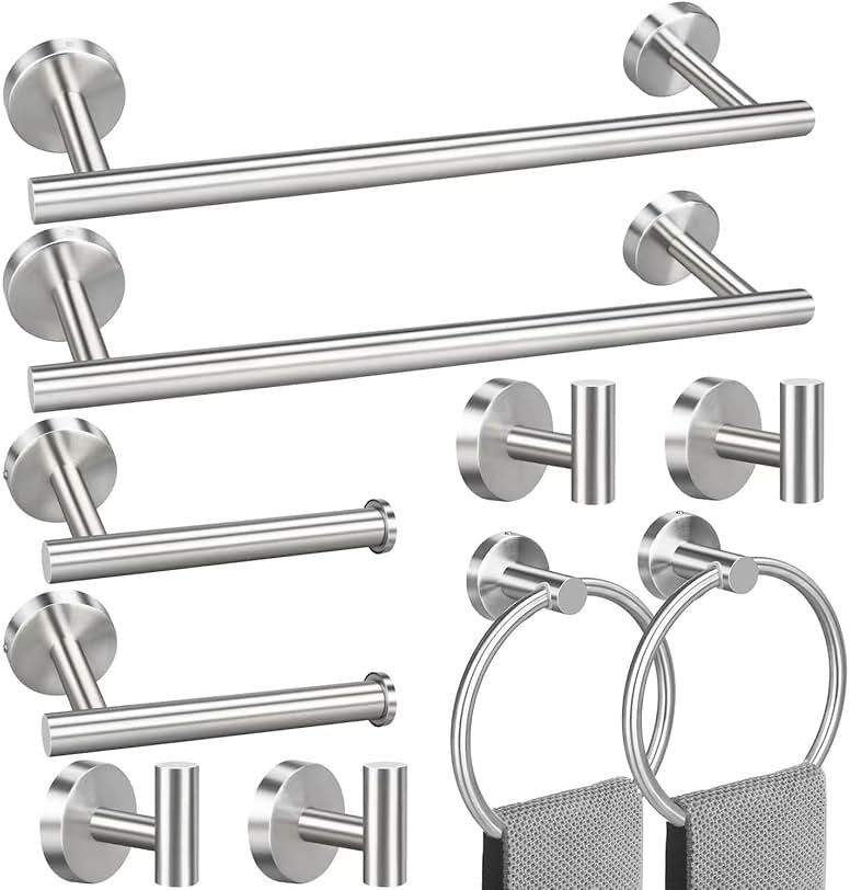Toptowel 23.6inch 10 Sets Bathroom Towel Rack Set Brushed Nickel, Includes 2PCS 23.6Inch Towel Bar, 2PCS Towel Ring, 2PCS Toilet Holder and 4PCS Towel Hooks-Brushed Nickel - Product Image