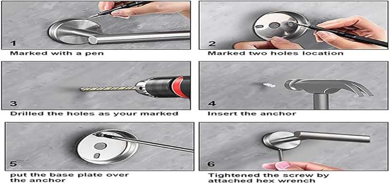 Toptowel 23.6inch 10 Sets Bathroom Towel Rack Set Brushed Nickel, Includes 2PCS 23.6Inch Towel Bar, 2PCS Towel Ring, 2PCS Toilet Holder and 4PCS Towel Hooks-Brushed Nickel - Image 6