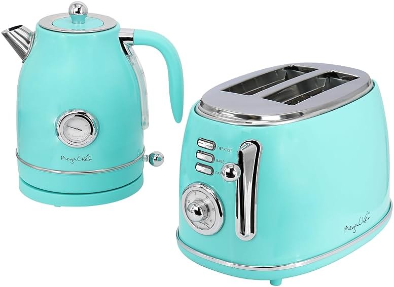 MegaChef 1.7 Quart Electric Tea Kettle and 2 Slice Toaster Combo (Turquoise) - Product Image