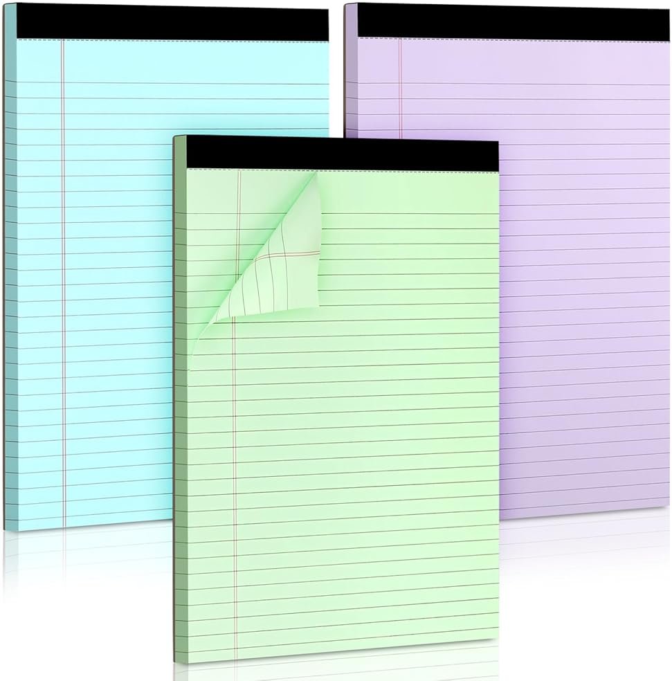 Colored Legal Pads, 3 Pack Writing Pads 8.5 x 11 inch, Micro Perforated Notebooks with Sturdy Back, Wide Ruled, 30 Sheets Per Writing Pad for School, College, Office, Professional (Blue/Purple/Green) - Product Image
