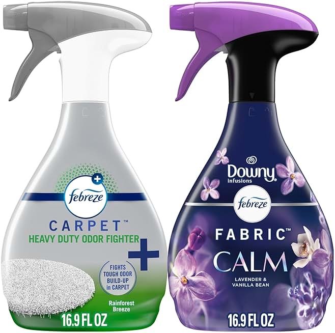 Febreze Fabric Spray & Carpet Heavy Duty Odor Fighter, Fabric Refresher, Multi-Use Deodorizer, Sneaker Balls Alternative, Couch & Linen Spray, Downy Calm & Rainforest Scents, 16.9oz, 2ct (1 of each) - Product Image