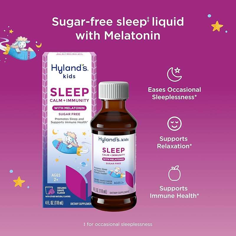 Hyland's Kids Sleep Calm & Immunity with Melatonin, Sugar-Free Sleep Aid Liquid with Magnesium, Vitamin D, Zinc & Elderberry, Promotes Sleep & Supports Immune Health, Ages 2+, Grape Flavor, 4 Fl. Oz. - Image 2