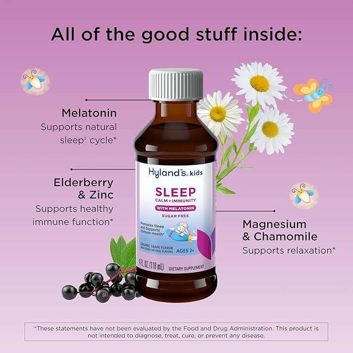 Hyland's Kids Sleep Calm & Immunity with Melatonin, Sugar-Free Sleep Aid Liquid with Magnesium, Vitamin D, Zinc & Elderberry, Promotes Sleep & Supports Immune Health, Ages 2+, Grape Flavor, 4 Fl. Oz. - Image 3