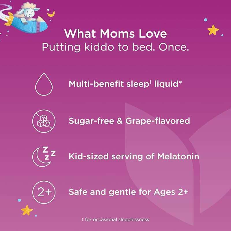 Hyland's Kids Sleep Calm & Immunity with Melatonin, Sugar-Free Sleep Aid Liquid with Magnesium, Vitamin D, Zinc & Elderberry, Promotes Sleep & Supports Immune Health, Ages 2+, Grape Flavor, 4 Fl. Oz. - Image 6