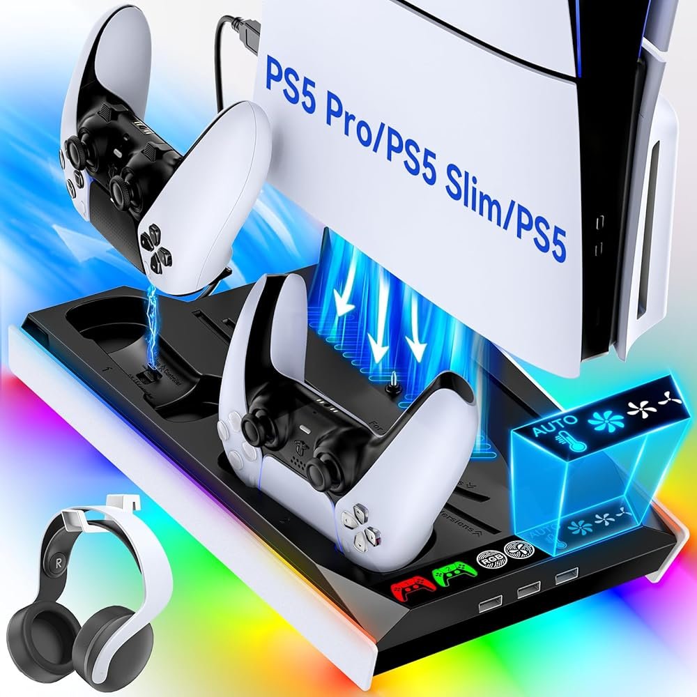 Tokluck PS5/Slim/Pro Cooling Station with Auto Turbofan & 3-Level Speed, PS5 Vertical Stand Cooling Fan Station with Controller Charger, Cooler Docking Station for PlayStation 4 Adapters - Product Image