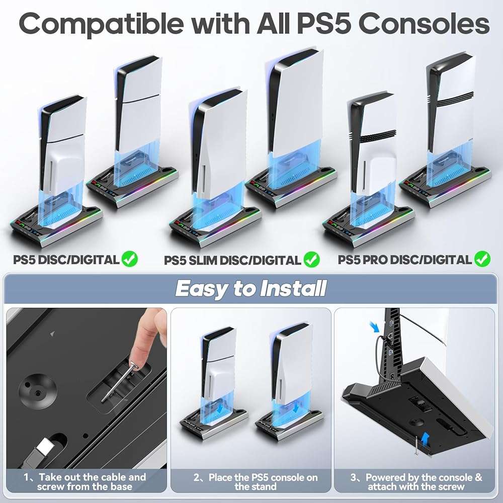 Tokluck PS5/Slim/Pro Cooling Station with Auto Turbofan & 3-Level Speed, PS5 Vertical Stand Cooling Fan Station with Controller Charger, Cooler Docking Station for PlayStation 4 Adapters - Image 2
