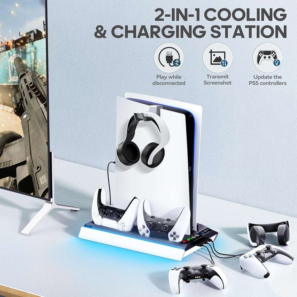 Tokluck PS5/Slim/Pro Cooling Station with Auto Turbofan & 3-Level Speed, PS5 Vertical Stand Cooling Fan Station with Controller Charger, Cooler Docking Station for PlayStation 4 Adapters - Image 3