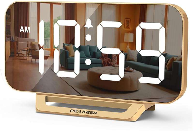 Peakeep Slim Digital Mirror Aesthetic Alarm Clock for Bedrooms Desk Decor - Plug in Electric Big LED Modern Small Clock for Office Living Room, Battery Backup, 6 Dimmers (Gold) - Image 1