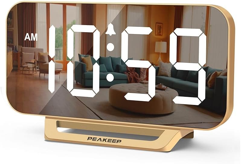 Peakeep Slim Digital Mirror Aesthetic Alarm Clock for Bedrooms Desk Decor - Plug in Electric Big LED Modern Small Clock for Office Living Room, Battery Backup, 6 Dimmers (Gold) - Product Image