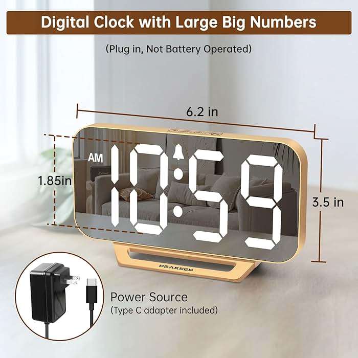 Peakeep Slim Digital Mirror Aesthetic Alarm Clock for Bedrooms Desk Decor - Plug in Electric Big LED Modern Small Clock for Office Living Room, Battery Backup, 6 Dimmers (Gold) - Image 2