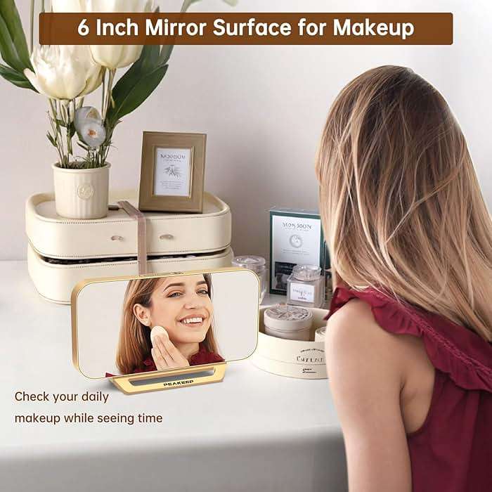 Peakeep Slim Digital Mirror Aesthetic Alarm Clock for Bedrooms Desk Decor - Plug in Electric Big LED Modern Small Clock for Office Living Room, Battery Backup, 6 Dimmers (Gold) - Image 3