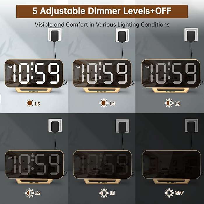 Peakeep Slim Digital Mirror Aesthetic Alarm Clock for Bedrooms Desk Decor - Plug in Electric Big LED Modern Small Clock for Office Living Room, Battery Backup, 6 Dimmers (Gold) - Image 4