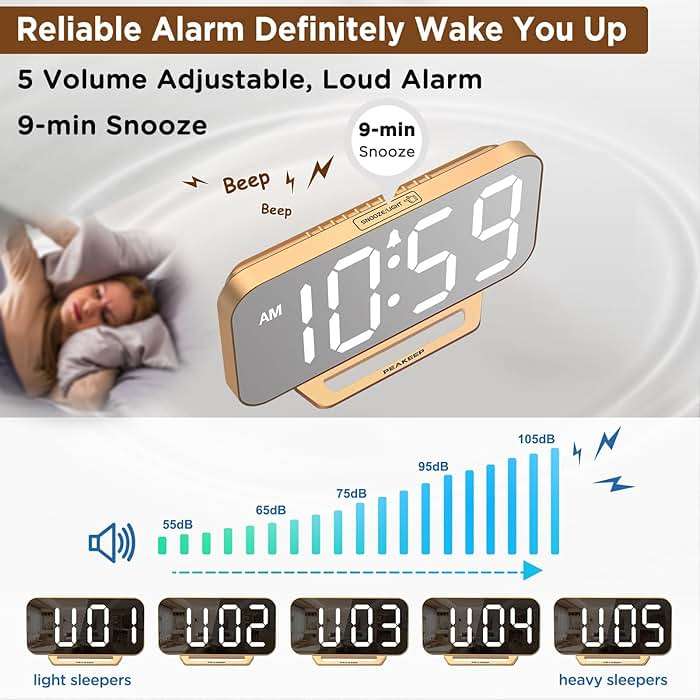 Peakeep Slim Digital Mirror Aesthetic Alarm Clock for Bedrooms Desk Decor - Plug in Electric Big LED Modern Small Clock for Office Living Room, Battery Backup, 6 Dimmers (Gold) - Image 5