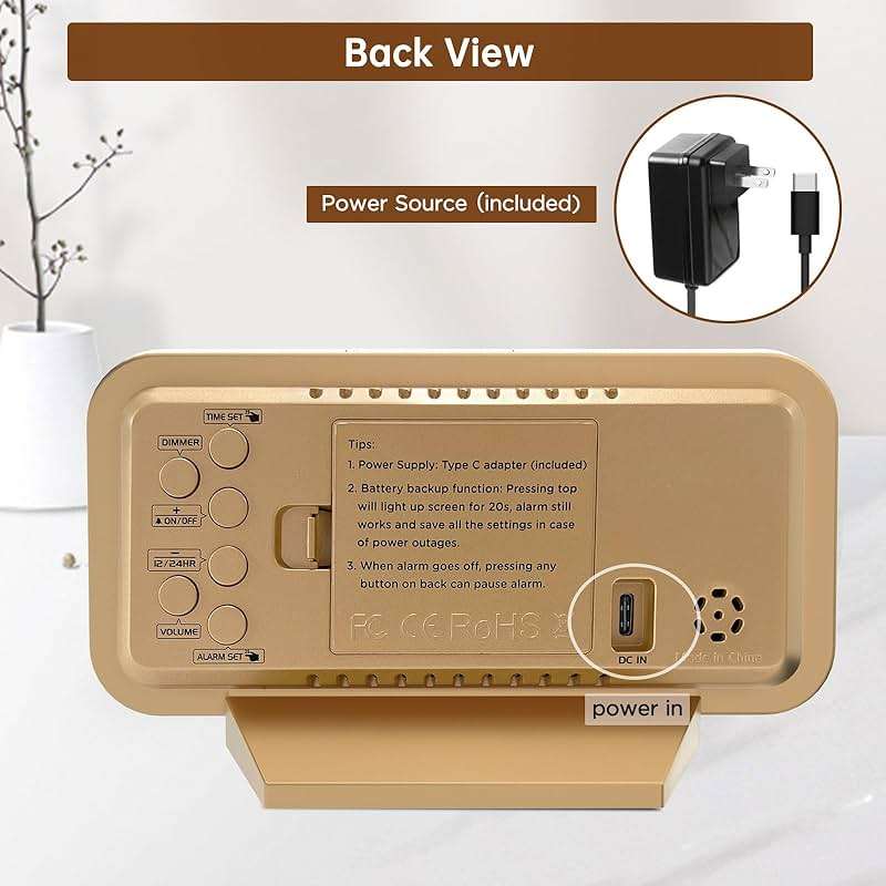 Peakeep Slim Digital Mirror Aesthetic Alarm Clock for Bedrooms Desk Decor - Plug in Electric Big LED Modern Small Clock for Office Living Room, Battery Backup, 6 Dimmers (Gold) - Image 7