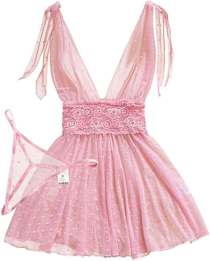 Lilosy Sexy Polka Dots Mesh Sheer Lace Babydoll Chemise Lingerie Set Floral Sleep Wear - Image 1