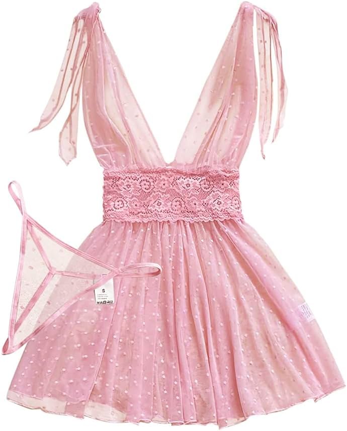 Lilosy Sexy Polka Dots Mesh Sheer Lace Babydoll Chemise Lingerie Set Floral Sleep Wear - Product Image