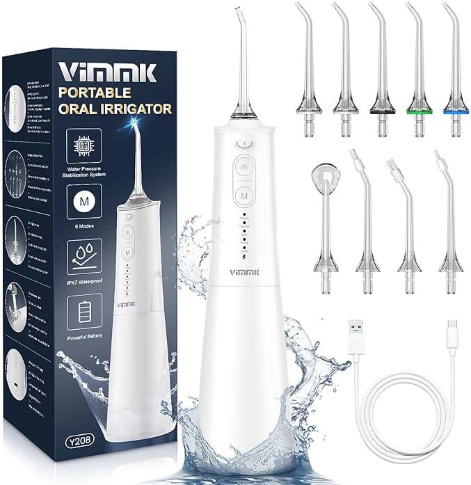 VIMMK Water Flosser, Cordless Water Dental Flosser, 9 Jet Tips 5 Modes 300ML IPX7 Waterproof, Portable Rechargeable Oral Irrigator for Home Travel - Gums, Orthodontic, Braces Care (White) - Product Image