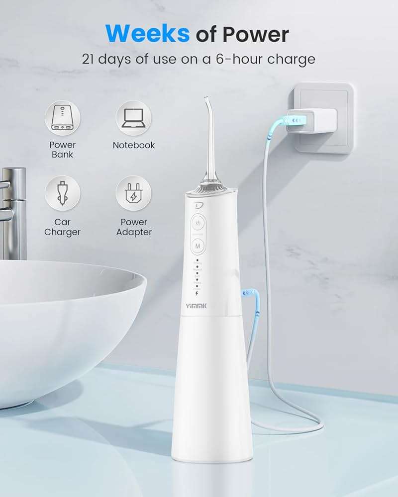 VIMMK Water Flosser, Cordless Water Dental Flosser, 9 Jet Tips 5 Modes 300ML IPX7 Waterproof, Portable Rechargeable Oral Irrigator for Home Travel - Gums, Orthodontic, Braces Care (White) - Image 8