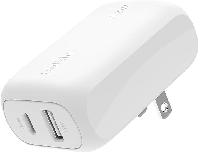 Belkin Dual Port Charger Block 42W, USB-C + USB-A Charger - Super Fast Charging - Samsung Galaxy S25, Apple iPhone 17, Air, Pro, Pro Max, iPad, MacBook, Google Pixel, Nintendo Switch 2 & More - White - Product Image