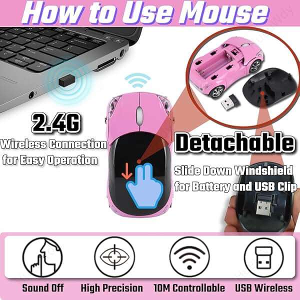 HuGuWdy Pink Wireless Car Mouse - 2.4G Wireless with USB Receiver, Optical Mouse for PC, Laptop, Tablet - Win XP/Vista/7/ME/2000/Mac OS Pink Mouse for Her for Christmas - Image 2