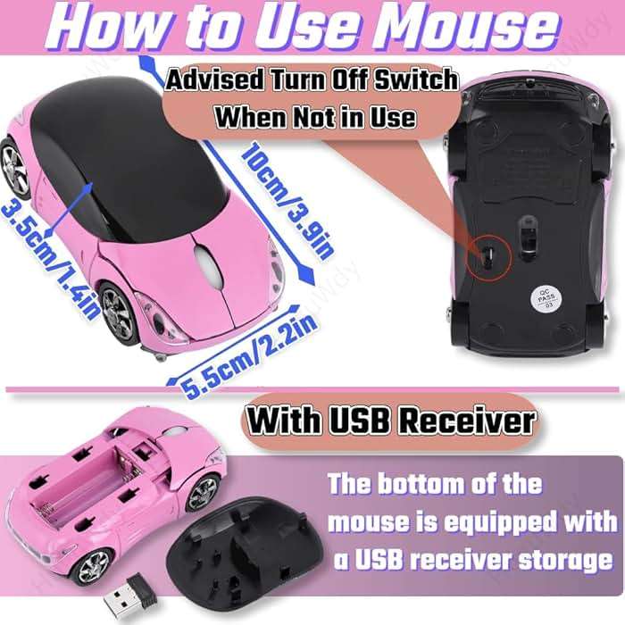 HuGuWdy Pink Wireless Car Mouse - 2.4G Wireless with USB Receiver, Optical Mouse for PC, Laptop, Tablet - Win XP/Vista/7/ME/2000/Mac OS Pink Mouse for Her for Christmas - Image 3