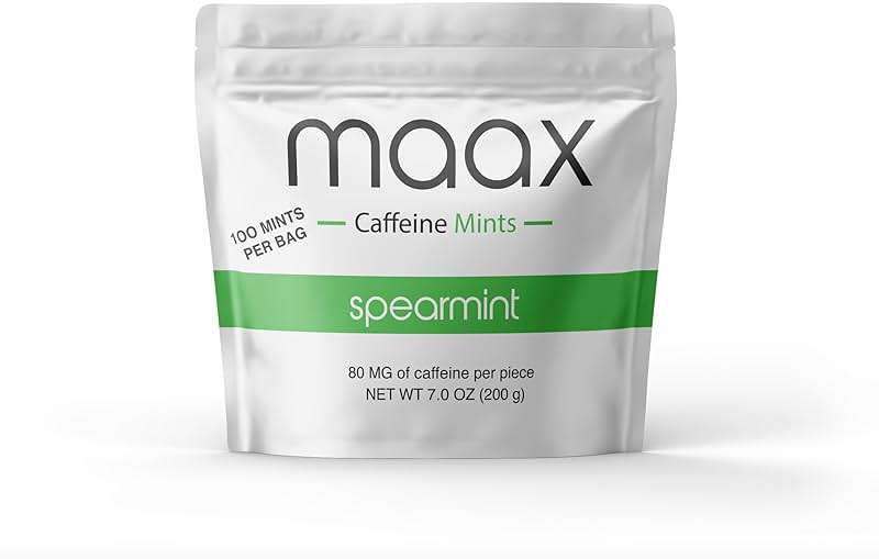 Maax Caffeine Mints | 80mg of caffeine per piece | Spearmint | 100 total pieces per bag - Image 1