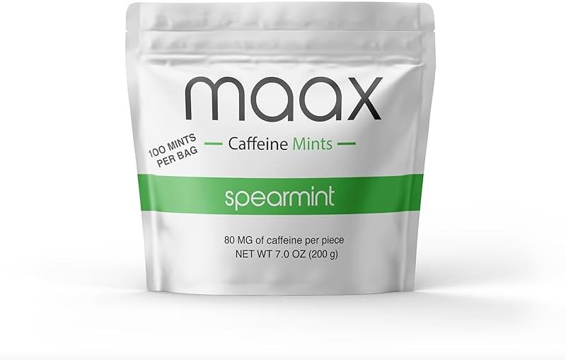 Maax Caffeine Mints | 80mg of caffeine per piece | Spearmint | 100 total pieces per bag - Product Image