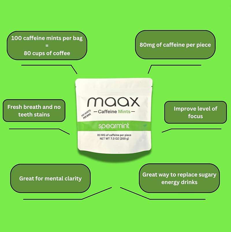Maax Caffeine Mints | 80mg of caffeine per piece | Spearmint | 100 total pieces per bag - Image 3