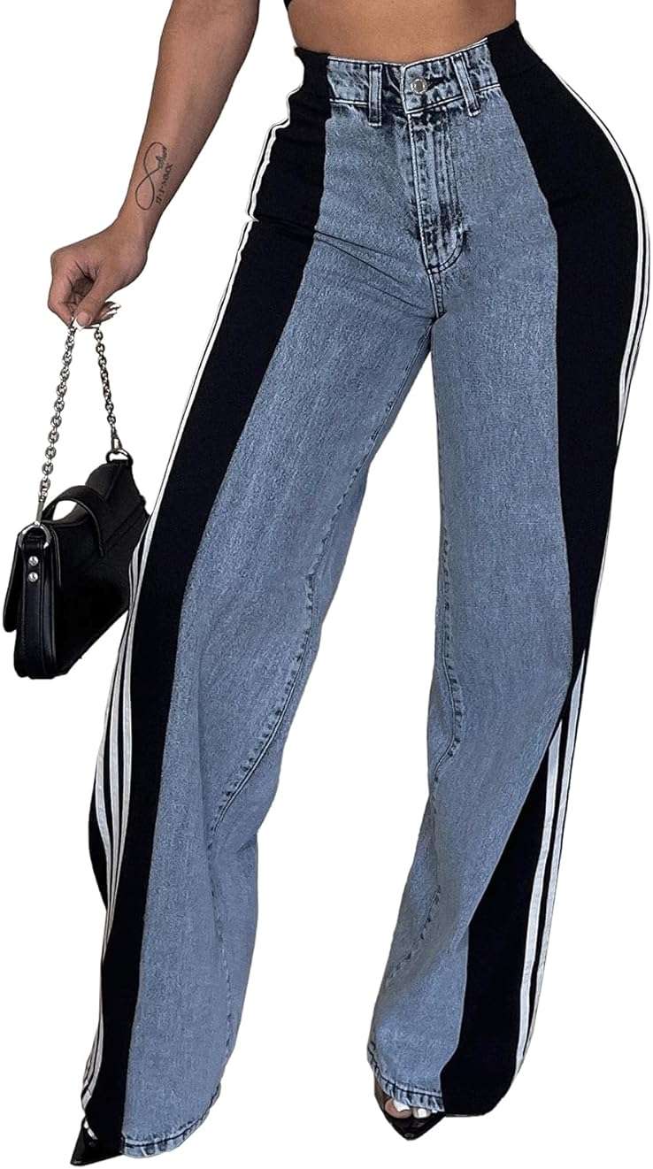 Angsuttc Womens Jeans with Patchwork Stripes High Waisted Stretchy Denim Color Block Straight Wide Leg Trendy Jean - Image 1