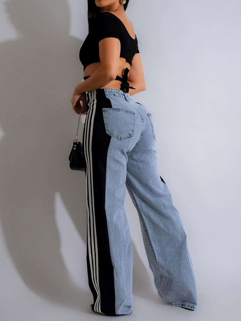 Angsuttc Womens Jeans with Patchwork Stripes High Waisted Stretchy Denim Color Block Straight Wide Leg Trendy Jean - Image 2