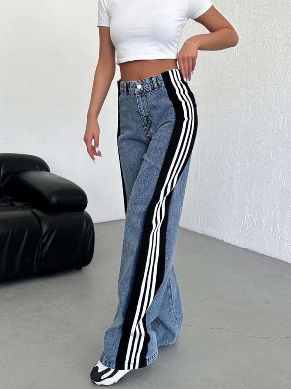Angsuttc Womens Jeans with Patchwork Stripes High Waisted Stretchy Denim Color Block Straight Wide Leg Trendy Jean - Image 3